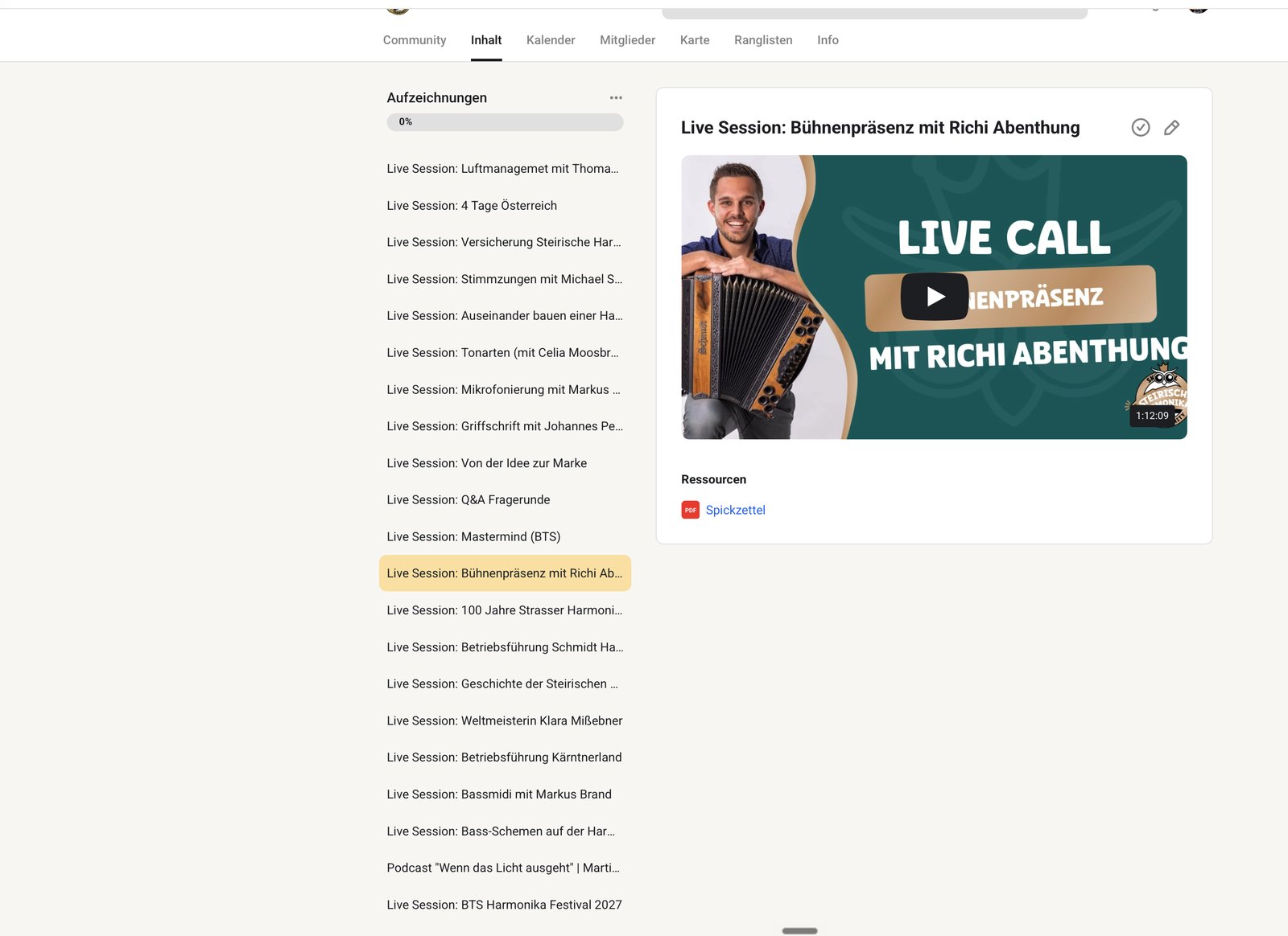 Das Archiv der aufgezeichneten Live-Sessions
