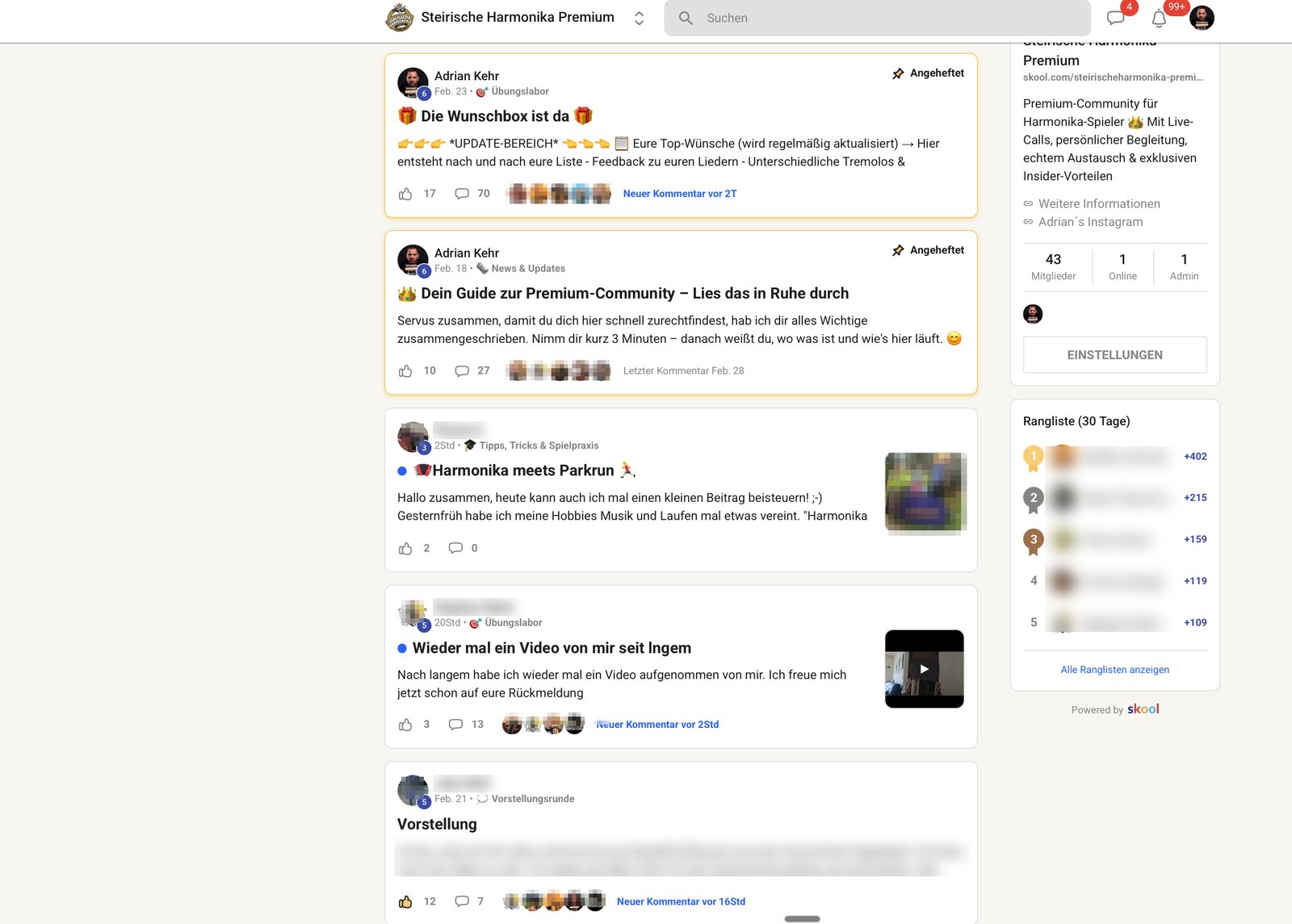 Der Community-Feed der Steirische Harmonika Premium Community